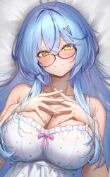 Rule 34 | 1girl, ahoge, black-framed eyewear, blue hair, blush, breasts, cleavage, closed mouth, collarbone, fingernails, glasses, highres, hololive, large breasts, long hair, looking at viewer, menmen (menmen13s), multicolored hair, official alternate costume, pointy ears, polka dot, solo, two-tone hair, upper body, virtual youtuber, yellow eyes, yukihana lamy, yukihana lamy (loungewear)