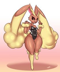 Rule 34 | 1girl, absurdres, animal ears, bare shoulders, black leotard, black sclera, breasts, collarbone, colored sclera, creatures (company), curvy, fake animal ears, full body, furry, furry female, game freak, gen 4 pokemon, gradient background, highleg, highleg leotard, highres, kyodashiro, legs, leotard, lopunny, medium breasts, nintendo, open mouth, pink background, playboy bunny, pokemon, pokemon (creature), rabbit ears, red eyes, smile, solo, standing, thick thighs, thigh gap, thighs, two-tone background, white background