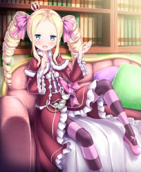 Rule 34 | 10s, 1girl, beatrice (re:zero), blonde hair, blue eyes, blush, bug, butterfly, butterfly-shaped pupils, capelet, crown, dress, drill hair, fur trim, hair ribbon, insect, kyamu (qqea92z9n), long hair, long sleeves, looking at viewer, mary janes, mini crown, open mouth, pantyhose, re:zero kara hajimeru isekai seikatsu, ribbon, shoes, sitting, solo, striped clothes, striped pantyhose, symbol-shaped pupils, twin drills, twintails