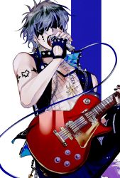 Rule 34 | 1boy, abulaba, arm tattoo, black blindfold, black lips, black vest, blindfold, blue background, blue eyeshadow, blue hair, brown hair, chinese commentary, collar, commentary request, covered eyes, earrings, electric guitar, eyeshadow, fingerless gloves, gloves, guitar, highres, holding, holding instrument, holding microphone, ike eveland, instrument, jewelry, looking at viewer, makeup, male focus, microphone, multicolored hair, music, nijisanji, nijisanji en, open mouth, original, playing instrument, popped collar, simple background, solo, spiked collar, spikes, tail, tattoo, teeth, vest, virtual youtuber, white background