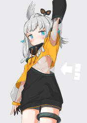 Rule 34 | 1girl, and uge, arm up, arrow (symbol), binary, black dress, blue eyes, blush, breasts, circle facial mark, closed mouth, commentary request, cowboy shot, dress, expressionless, grey background, grey hair, hair wings, joints, long hair, looking at viewer, medium bangs, multicolored clothes, multicolored dress, nanashi inc., robot joints, rokkaku game, see-through, see-through dress, simple background, small breasts, solo, thigh strap, underboob, v ap art, virtual youtuber, winding key, yellow dress
