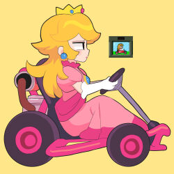 1girl black_eyes blonde_hair commentary crown dress driving earrings game_screenshot_inset gashi-gashi gloves go-kart highres jewelry long_hair mario_(series) mario_kart nintendo pink_dress princess_peach profile reference_inset screenshot_inset simple_background sitting solo sphere_earrings super_mario_kart symbol-only_commentary white_gloves yellow_background