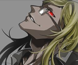 Rule 34 | 1boy, blonde hair, evil smile, fate/grand order, fate (series), glasses, grey background, long hair, looking at viewer, male focus, panda=hiro, portrait, profile, red eyes, simple background, smile, solo, tezcatlipoca (fate), upper body