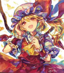 Rule 34 | 1girl, :d, arm up, ascot, ayatsuki sugure, blonde hair, blush, bow, commentary request, crystal, eyelashes, flandre scarlet, frilled shirt collar, frills, hair between eyes, hand on own face, happy, hat, hat bow, hat ribbon, highres, looking at viewer, mob cap, one side up, open mouth, puffy short sleeves, puffy sleeves, red bow, red eyes, red ribbon, red vest, ribbon, short hair with long locks, short sleeves, sidelocks, smile, solo, standing, touhou, twitter username, upper body, vest, white hat, wings, wrist cuffs, yellow ascot