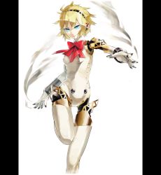 Rule 34 | 1girl, aegis (persona), android, atlus, blonde hair, blue eyes, bow, breasts, female focus, gajuumaru, persona, persona 3, robot, short hair, smoke, solo, white background