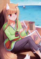 Rule 34 | 1girl, absurdres, animal ears, blush, breasts, brown hair, closed mouth, collarbone, fang, fang out, green shirt, hair between eyes, highres, holding, holo, koume keito, long hair, long sleeves, ocean, official art, outdoors, page number, pants, purple pants, red eyes, scan, ship, shirt, sitting, sitting in window, small breasts, smile, solo, spice and wolf, tail, very long hair, watercraft, wolf ears, wolf tail