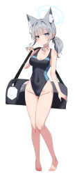 Rule 34 | 1girl, absurdres, animal ear fluff, animal ears, bag, bare shoulders, barefoot, blue archive, blue eyes, blue one-piece swimsuit, blush, breasts, cleavage, collarbone, covered navel, cross hair ornament, duffel bag, extra ears, full body, grey hair, hair ornament, halo, highleg, highleg swimsuit, highres, looking at viewer, medium breasts, medium hair, multicolored clothes, multicolored swimsuit, one-piece swimsuit, shiroko (blue archive), shiroko (swimsuit) (blue archive), short ponytail, sidelocks, solo, swimsuit, w.k, wolf ears