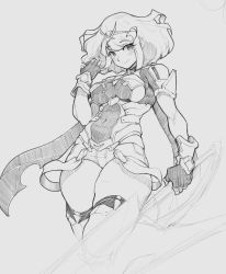 Rule 34 | 1girl, aeyga, breasts, commentary, covered navel, english commentary, fingerless gloves, gloves, graphite (medium), greyscale, hair behind ear, hairband, highres, holding, holding sword, holding weapon, leaning back, medium breasts, monochrome, open hand, pyra (xenoblade), short hair, sketch, skindentation, smile, solo, sword, thick thighs, thighhighs, thighs, traditional media, weapon, xenoblade chronicles (series), xenoblade chronicles 2
