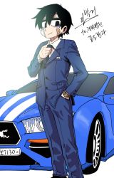 Rule 34 | 1boy, adjusting clothes, adjusting necktie, bags under eyes, bandage on face, bandages, black eyes, black hair, car, commentary request, ford mustang, ford mustang s197, formal, highres, korean text, lee hoon, looking at viewer, male focus, motor vehicle, necktie, parkgee, simple background, smile, solo, suicide boy, suit, watch, white background