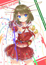 Rule 34 | 10s, 1girl, aldehyde, blue eyes, blush, brown hair, christmas, confetti, cowboy shot, fur trim, gloves, grin, hair ornament, hand on own hip, headgear, highres, kantai collection, looking at viewer, maya (kancolle), merry christmas, navel, red gloves, santa costume, skirt, smile, solo, tinsel, turret