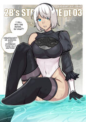 Rule 34 | 1girl, 2b (nier:automata), black hairband, blue eyes, boots, covered navel, english text, feather trim, hair over one eye, hairband, juliet sleeves, leotard, long sleeves, looking at viewer, nier:automata, nier (series), no blindfold, puffy sleeves, redjet, short hair, single sleeve, sitting, solo, speech bubble, thigh boots, thighhighs, thighhighs under boots, thong leotard, torn sleeve, water, white leotard