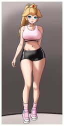 Rule 34 | 1girl, blonde hair, blue eyes, breasts, highres, large breasts, legs, looking at viewer, mario (series), mcarthur1010, midriff, navel, nintendo, parted lips, pink lips, princess, princess peach, shorts, smile, solo, sports bra, sportswear, super mario bros. 1, thighs