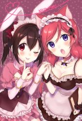 Rule 34 | 10s, 2girls, :o, ;p, absurdres, animal ears, apron, arm at side, black dress, black ribbon, blush, bow, bowtie, breasts, cat ears, cleavage, closed mouth, cowboy shot, detached sleeves, dress, fang, finger to cheek, fingernails, flat chest, frilled apron, frills, hair between eyes, hair bow, hairband, head tilt, heart, heart of string, highres, holding, holding hands, interlocked fingers, kakizato, kemonomimi mode, layered sleeves, long sleeves, looking at viewer, love live!, love live! school idol festival, love live! school idol project, maid headdress, medium breasts, menu, multiple girls, nishikino maki, one eye closed, open mouth, outline, pink bow, pink bowtie, pink dress, puffy short sleeves, puffy sleeves, purple eyes, rabbit ears, red bow, red hair, ribbon, short dress, short over long sleeves, short sleeves, sidelocks, star (symbol), starry background, striped, tongue, tongue out, twintails, underbust, vertical stripes, waist apron, white apron, wrist cuffs, yazawa nico