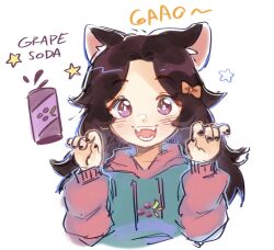 Rule 34 | 1boy, animal ears, aqua sweater, black nails, blush, bow, bright pupils, brown hair, can, cat boy, cat ears, claw pose, drawstring, drink, drink can, english text, fangs, gao, grape print, hair bow, hair intakes, hands up, happy, highres, hoesmadder, hood, hood down, hooded sweater, long hair, long sleeves, looking at viewer, male focus, open mouth, orange bow, original, parted bangs, pink sleeves, purple eyes, raglan sleeves, sidelocks, simple background, sketch, smile, soda, soda can, solo, star (symbol), straight-on, sweater, teeth, trap, upper body, virtual youtuber, white background, white pupils, wide-eyed
