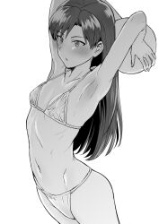 1girl armpits arms_behind_head arms_up ball bare_arms bare_shoulders bikini blush breasts cowboy_shot greyscale highres holding holding_ball idolmaster idolmaster_(classic) kisaragi_chihaya long_hair monochrome navel parted_lips ribs simple_background small_breasts solo standing stomach swimsuit tsurui white_background