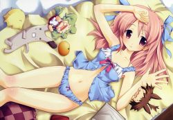 Rule 34 | 1girl, absurdres, airy[f]airy, babydoll, blue panties, bow, bow panties, chibi, colette marais, food, fruit, fue (tsuzuku), hair bow, highres, huge filesize, lingerie, lying, navel, official art, official wallpaper, on back, orange (fruit), panties, pink eyes, pink hair, solo, underwear, wallpaper
