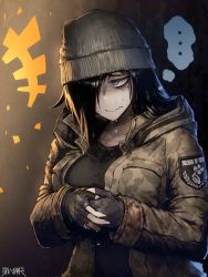 Rule 34 | ..., 1girl, beanie, black gloves, black hair, black shirt, blue eyes, breasts, brown hat, brown jacket, camouflage, camouflage jacket, character request, closed mouth, copyright name, dairoku ryouhei, english text, fingerless gloves, gloves, hair over one eye, hat, hetza (hellshock), hood, hooded jacket, jacket, large breasts, long hair, long sleeves, mole, mole under eye, own hands together, patch, shirt, solo, sweat, upper body, wavy mouth