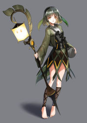 Rule 34 | 1girl, absurdres, arknights, bandolier, barefoot, bob cut, dress, glowing, glowing weapon, green dress, green eyes, green jacket, grey shirt, hair over one eye, headset, highres, holding, holding weapon, jacket, lantern, leaf, leaf on head, monster girl, orange eyes, personification, plant girl, plants vs zombies, pompmaker1, shirt, short hair, simple background, solo, staff, weapon