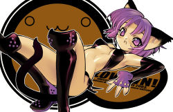 Rule 34 | 1girl, animal ears, blade (galaxist), blush, boots, breasts, cat ears, cat tail, elbow gloves, gloves, lowres, lying, medium breasts, open mouth, purple eyes, purple hair, short hair, solo, spread legs, tail, thigh boots, thighhighs, underboob