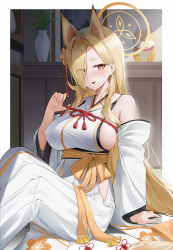 Rule 34 | 1girl, animal ears, blonde hair, blue archive, border, breasts, detached sleeves, eyes visible through hair, fox ears, hair over one eye, hakama, hakama skirt, halo, highres, hip vent, japanese clothes, kaho (blue archive), large breasts, long hair, mole, mole under mouth, obi, qing wu, sash, short eyebrows, sitting, skirt, solo, sweat, thick eyebrows, vase, very long hair, white border, white hakama, yellow eyes