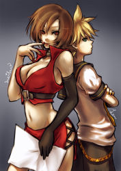 Rule 34 | 1boy, 1girl, bad id, bad pixiv id, blonde hair, breasts, brown eyes, brown hair, cleavage, crossed arms, elbow gloves, gloves, green eyes, kagamine len, large breasts, meiko (vocaloid), midriff, nail polish, orange nails, red nails, ria (rilpoppo), short hair, smile, vocaloid