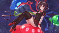 Rule 34 | 1girl, absurdres, ass, asymmetrical wings, black dress, black hair, black thighhighs, blue wings, bow, dress, footwear bow, highres, houjuu nue, looking at viewer, night, night sky, outdoors, pointy ears, polearm, red bow, red eyes, red footwear, red wings, shoes, short dress, short hair, short sleeves, sitting, sky, solo, star (sky), starry sky, thighhighs, touhou, trident, ufo, weapon, wings, wristband, yangshangshu