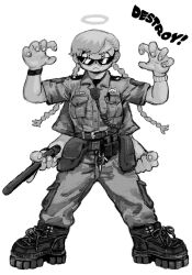 Rule 34 | &gt;:(, 1girl, baton (weapon), black footwear, braid, english text, extra arms, frown, full body, greyscale, halo, highres, holding baton, looking at viewer, mettaflix, monochrome, original, police, police uniform, policewoman, solo, sunglasses, twin braids, v-shaped eyebrows, weapon, white background