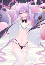 Rule 34 | 1girl, absurdres, black nails, black wings, borrowed character, bow, breasts, closed mouth, commentary request, demon wings, detached sleeves, feet out of frame, frilled sleeves, frills, hair between eyes, hair bow, heart, heart-shaped pillow, highres, juliet sleeves, lisu, long sleeves, looking at viewer, nail polish, navel, original, pillow, puffy sleeves, purple eyes, purple hair, single thighhigh, sitting, sleeves past wrists, small breasts, smile, solo, thighhighs, twintails, white bow, white sleeves, white thighhighs, wide sleeves, wings
