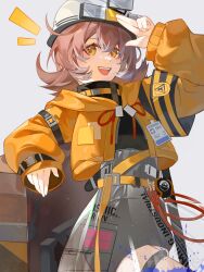 Rule 34 | 1girl, ;d, absurdres, arknights, black shirt, black skirt, brown hair, cement (arknights), cowboy shot, grey background, highres, jacket, notice lines, one eye closed, open clothes, open jacket, open mouth, orange jacket, shirt, short hair, simple background, skirt, smile, solo, teeth, upper teeth only, xiazhiyi32222, yellow eyes