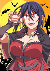 Rule 34 | 1girl, :d, arm up, bare tree, bat (animal), black cape, blue hair, breasts, building, cape, cleavage, collared cape, commentary request, dark blue hair, dress, fingernails, full moon, halloween, halloween costume, highres, hitomi-chan wa hitomishiri, large breasts, looking at viewer, medium hair, moon, nail, natsumi chorisuke, open mouth, orange background, outdoors, purple eyes, red dress, red nails, sharp fingernails, sharp teeth, shiny skin, sitting, sleeveless, sleeveless dress, smile, solo, takano hitomi, teeth, tree, upper body