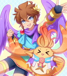 Rule 34 | &gt; &lt;, 1boy, alternate color, angel, angel wings, armband, armlet, blue eyes, blush stickers, brown hair, clenched hand, enni, highres, kid icarus, laurel crown, nintendo, nopon, open mouth, orange fur, outstretched arm, pit (kid icarus), purple wings, riki (xenoblade), smile, super smash bros., wings, xenoblade chronicles (series), xenoblade chronicles 1