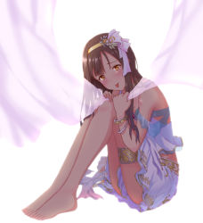 Rule 34 | 1girl, :p, armpits, bare shoulders, barefoot, blush, bow, bracelet, breasts, brown eyes, brown hair, cleavage, dress, embarrassed, feet, feet together, flower, flower on head, flower ornament, hair ornament, hairband, hands on own knees, holding, idolmaster, idolmaster cinderella girls, jewelry, knees to chest, knees up, legs, legs together, long hair, looking at viewer, lots of jewelry, mizumoto yukari, namco, neck, no bra, pink bow, pink ribbon, ribbon, smile, solo, straight hair, thighlet, thighs, toenails, toes, tongue, tongue out, toufuu, white background, white dress, yellow hairband