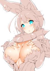 Rule 34 | 1girl, ahoge, areola slip, blue eyes, blush, breasts, collar, elphelt valentine, female focus, fingerless gloves, gloves, guilty gear, guilty gear xrd, hairband, hands on own chest, inayama, large breasts, midriff, open m/, short hair, simple background, solo, spiked collar, spikes, spoilers, unfinished, upper body, white background