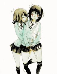 Rule 34 | 2girls, :&gt;, ^^^, ^ ^, aqua sweater, arm around waist, between legs, black hair, black ribbon, black skirt, black socks, blush, blush stickers, breasts, brown hair, closed eyes, closed mouth, collared shirt, empty eyes, female focus, flying sweatdrops, hand on another&#039;s stomach, happy, have to pee, highres, hug, hug from behind, kneehighs, leg between thighs, legs apart, long sleeves, medium hair, miniskirt, motion lines, multiple girls, neck ribbon, open mouth, original, over-kneehighs, pleated skirt, red eyes, ribbon, rinshoku, school uniform, shirt, sidelocks, sideways mouth, simple background, skirt, sleeves past wrists, small breasts, smile, socks, sweater, thighhighs, thighs, traditional media, white background, white shirt