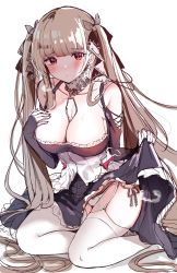Rule 34 | 1girl, azur lane, bad id, bad twitter id, bare shoulders, between breasts, black dress, blunt bangs, blush, breasts, cleavage, clothes lift, detached collar, dress, formidable (azur lane), frilled dress, frills, garter straps, grey hair, hair ribbon, hands on own breasts, highres, holding, holding clothes, holding dress, holding skirt, kneeling, large breasts, lifting own clothes, long hair, looking at viewer, panties, pantyshot, purple eyes, ribbon, sak (lemondisk), skirt, solo, thighhighs, twintails, underwear, very long hair, white panties, white thighhighs