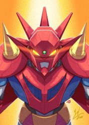 Rule 34 | commentary, english commentary, getter dragon, getter robo, getter robo g, glowing, glowing eyes, highres, leaning forward, mecha, no humans, robot, science fiction, signature, solo, spikes, super robot, winston chan, yellow background