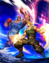 Rule 34 | 2boys, abs, american flag, balrog (street fighter), battle, black hair, blonde hair, boots, boxing gloves, camouflage, camouflage pants, combat boots, dark-skinned male, dark skin, dog tags, fighting, genzoman, guile, male focus, manly, missing tooth, multiple boys, muscular, official art, pants, pouch, shorts, street fighter, tank top, tattoo, teeth, thigh pouch, very dark skin