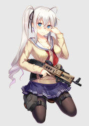 Rule 34 | 1girl, assault rifle, bad id, black pantyhose, blue eyes, blush, breasts, bullpup, cleavage, dance of eternity, full body, gun, highres, holding, holding gun, holding weapon, holster, kneeling, large breasts, long hair, looking at viewer, medium breasts, original, pantyhose, rifle, school uniform, serafuku, side ponytail, simple background, smile, solo, thigh holster, trigger discipline, weapon, white hair