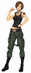 Rule 34 | 1girl, bare shoulders, belt, boots, brown eyes, brown hair, cargo pants, dog tags, full body, grin, highres, kazakami yuu, knee boots, looking at viewer, midriff, navel, pants, parted bangs, short hair, simple background, smile, solo, standing, suspenders, tank top, tattoo, white background