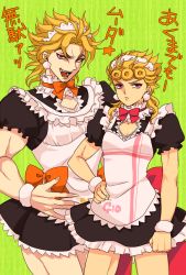 Rule 34 | 2boys, aibu, alternate costume, bad id, bad pixiv id, blonde hair, claws, cleavage cutout, clothing cutout, cosplay, crossdressing, dio brando, enmaided, father and son, giorno giovanna, green background, green lips, jojo no kimyou na bouken, lipstick, love live!, love live! school idol project, maid, makeup, male focus, multiple boys, pink eyes, pointing, red eyes, translation request, vento aureo