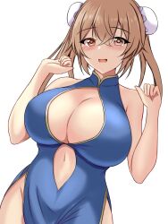 Rule 34 | 1girl, blue dress, blush, breasts, brown eyes, bun cover, china dress, chinese clothes, cleavage cutout, clothing cutout, double bun, dress, hair bun, hair flaps, hair ornament, heterochromia, highres, kantai collection, large breasts, light brown hair, long hair, looking at viewer, montemasa, murasame (kancolle), murasame kai ni (kancolle), open mouth, pelvic curtain, red eyes, side slit, simple background, sleeveless, sleeveless dress, smile, solo, two side up, white background