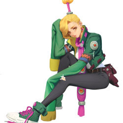 Rule 34 | 1girl, belt, belt buckle, blonde hair, blue eyes, braid, buckle, earrings, from side, frown, full body, green jacket, high tops, jacket, jewelry, long sleeves, looking at viewer, looking to the side, mu si (africas), original, pants, ponytail, pouch, shirt tucked in, shoes, sleeves past fingers, sleeves past wrists, sneakers, solo, torn clothes, torn pants, untied shoe, white background, yellow eyes