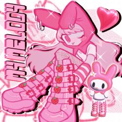 Rule 34 | 1girl, 3d, animal hood, blush stickers, boots, character name, elbow gloves, eyelashes, fishnet pantyhose, fishnets, food, fruit, gloves, heart, highres, hood, humanization, long hair, my melody, one eye closed, onegai my melody, pantyhose, pierced hat, pink footwear, pink theme, rabbit hood, sanrio, short sleeves, solo, sparkle, strawberry, striped clothes, striped gloves, tongue, tongue out, yappari, zoom layer