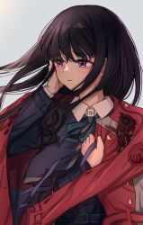 Rule 34 | 1girl, black hair, blood, blood on clothes, blood stain, futaba (rei-futaba), hand on own face, highres, inoue takina, jacket, jacket on shoulders, long hair, lycoris recoil, lycoris uniform, purple eyes, sad, simple background, solo, upper body