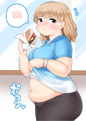 Rule 34 | 1girl, :t, blue shirt, blush, bracelet, breasts, brown eyes, burger, character request, cheese, closed mouth, clothes lift, copyright request, cowboy shot, crumbs, dot nose, food, food on face, fusa (starless2323), heart, highres, holding, holding food, jewelry, large breasts, light brown hair, looking at viewer, meat, medium breasts, medium hair, muffin top, navel, plump, shirt, shirt lift, short sleeves, solo, speech bubble, spoken blush, t-shirt, tareme, thick arms, thick thighs, thighs, tomato, wrapper
