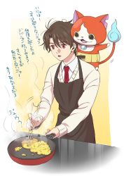 Rule 34 | 10s, 1boy, aldnoah.zero, apron, ar (rikuesuto), brown eyes, brown hair, cat, chopsticks, cooking, crossover, egg, egg (food), flame-tipped tail, food, frying pan, haramaki, jibanyan, kaizuka inaho, multiple tails, necktie, notched ear, red necktie, scrambled egg, sweater, tail, traditional youkai, two tails, youkai watch
