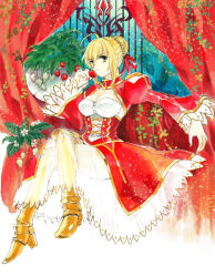 Rule 34 | 10s, 1girl, ahoge, bad id, bad pixiv id, blonde hair, breasts, cleavage, command spell, dress, epaulettes, fate/extra, fate (series), fon-due (fonfon), food, fruit, green eyes, hair ribbon, large breasts, legs, crossed legs, nero claudius (fate), nero claudius (fate) (all), nero claudius (fate/extra), ribbon, see-through, sitting, solo, strawberry, thighs