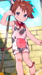 Rule 34 | 1boy, animal ears, anklet, ascot, bandaid, bandaid on leg, blue eyes, brick wall, child, closed mouth, cloud, cloudy sky, commentary, cow ears, cow tail, cowboy, cowboy western, english commentary, extra ears, farming, highres, jewelry, kemonomimi mode, male focus, nemui (nemuriyagi), original, outdoors, overalls, red ascot, red hair, short sleeves, sky, tail, western