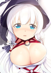 Rule 34 | 1girl, arms behind back, azur lane, bdsm, blue eyes, blush, bondage, bound, breasts, cleavage, harness, hat, highres, illustrious (azur lane), large breasts, long hair, looking at viewer, open mouth, solo, upper body, white hair, yasume yukito
