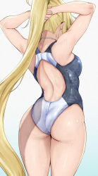 Rule 34 | 1girl, alp, arms up, ass, back, black hairband, blonde hair, breasts, commentary, competition swimsuit, fate/grand order, fate (series), from behind, hairband, highres, jeanne d&#039;arc (fate), jeanne d&#039;arc (ruler) (fate), jeanne d&#039;arc (swimsuit archer) (fate), jeanne d&#039;arc (swimsuit archer) (second ascension) (fate), long hair, medium breasts, one-piece swimsuit, ponytail, shiny skin, solo, standing, swimsuit, very long hair, wet, white one-piece swimsuit